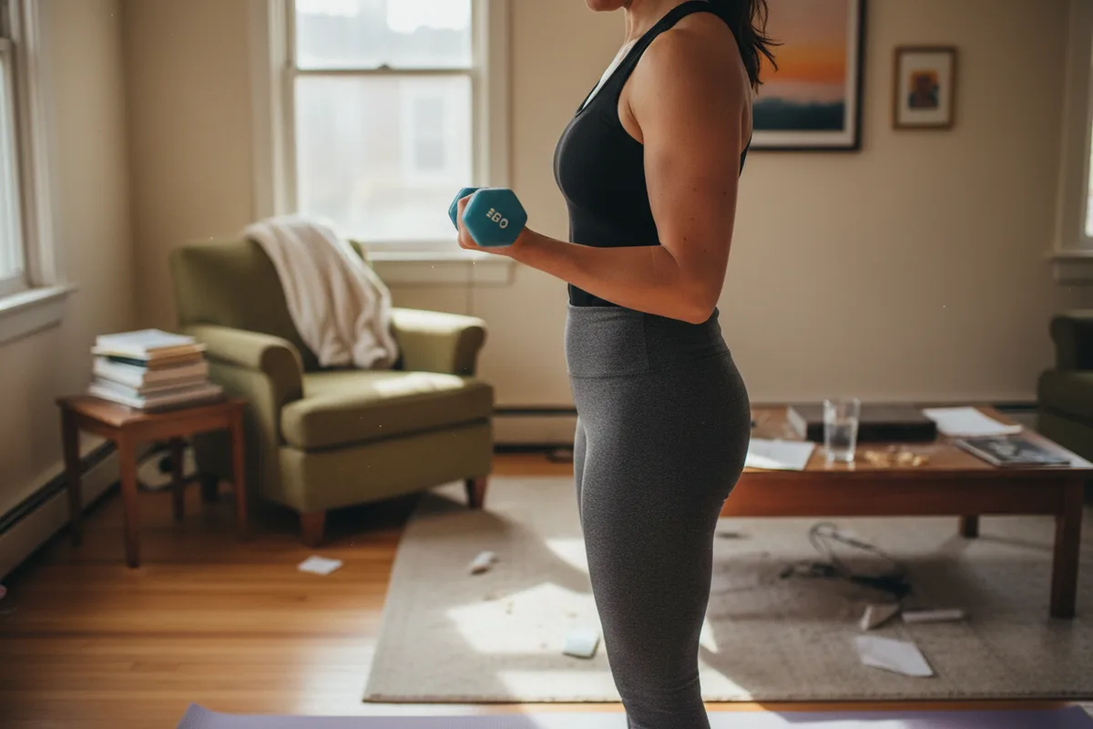 Woman from the side doing a bicep curl with a light dumbbell in a living room.