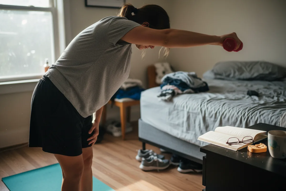 Woman seen from the side doing a tricep kickback with dumbbells on a yoga mat.