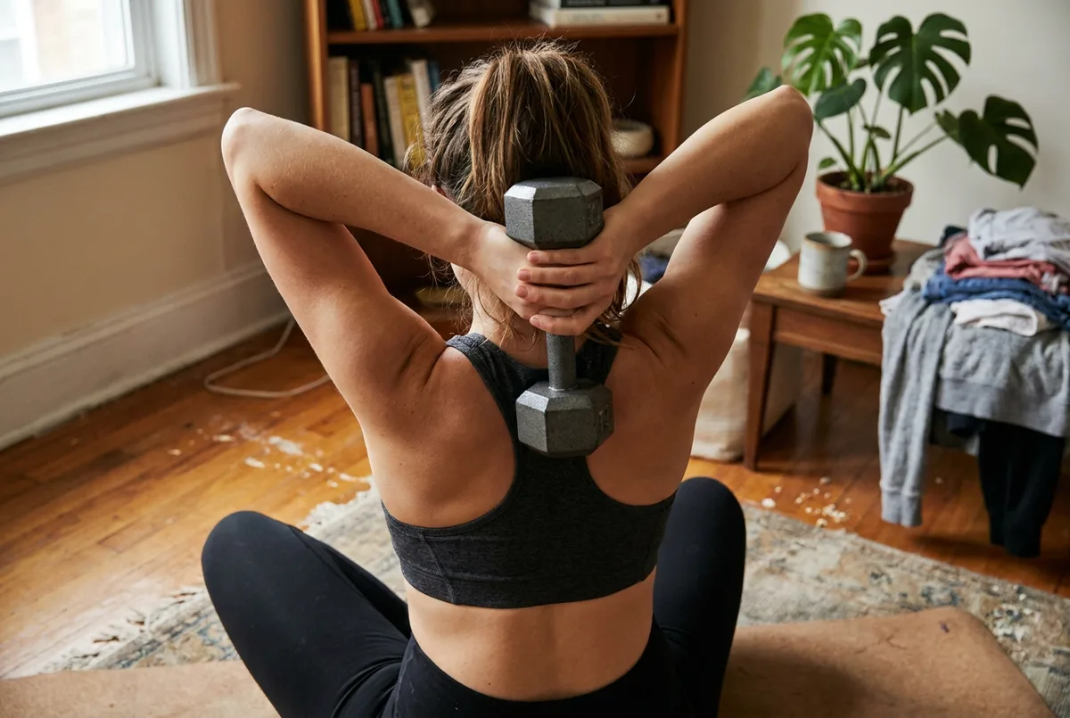Woman from behind doing an overhead tricep extension with one dumbbell.