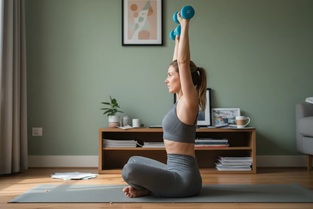 Woman doing a seated shoulder press with two light dumbbells in her living room.