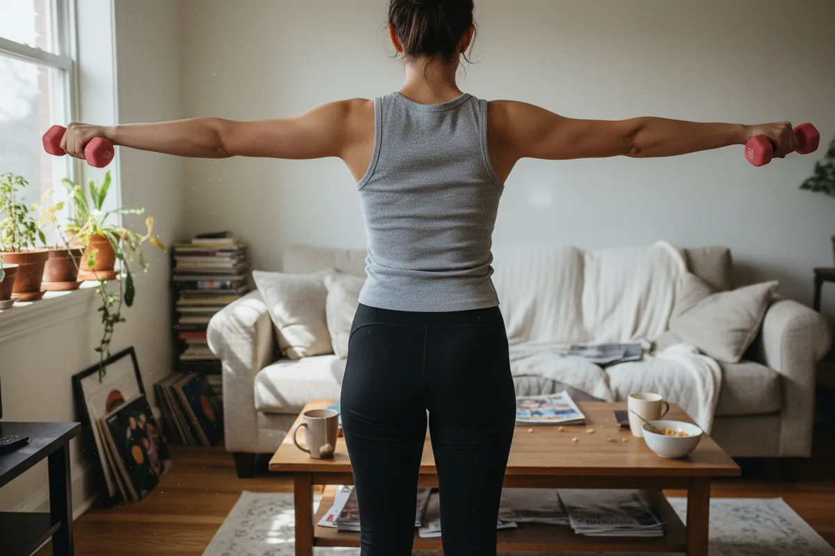 Woman from behind doing lateral raises with dumbbells, arms out to her sides.