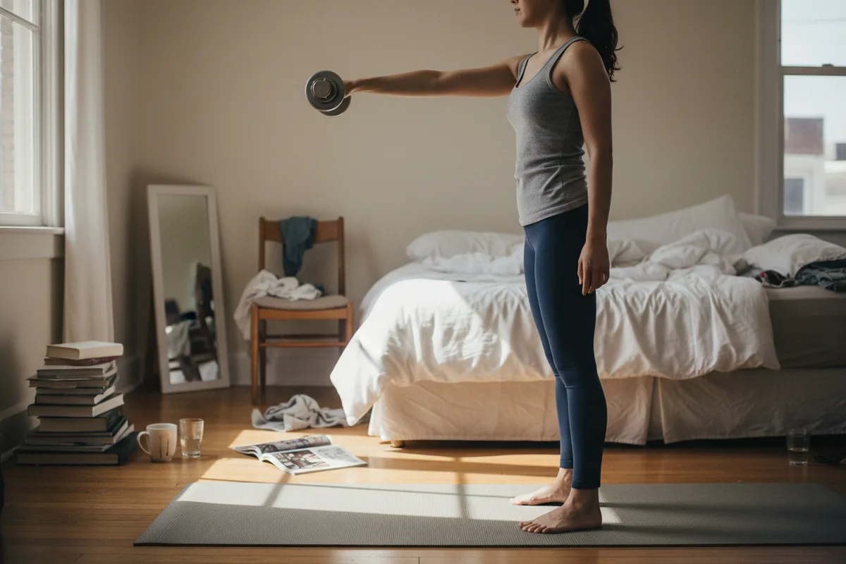 Woman from the side performing a front raise with a dumbbell on a mat.