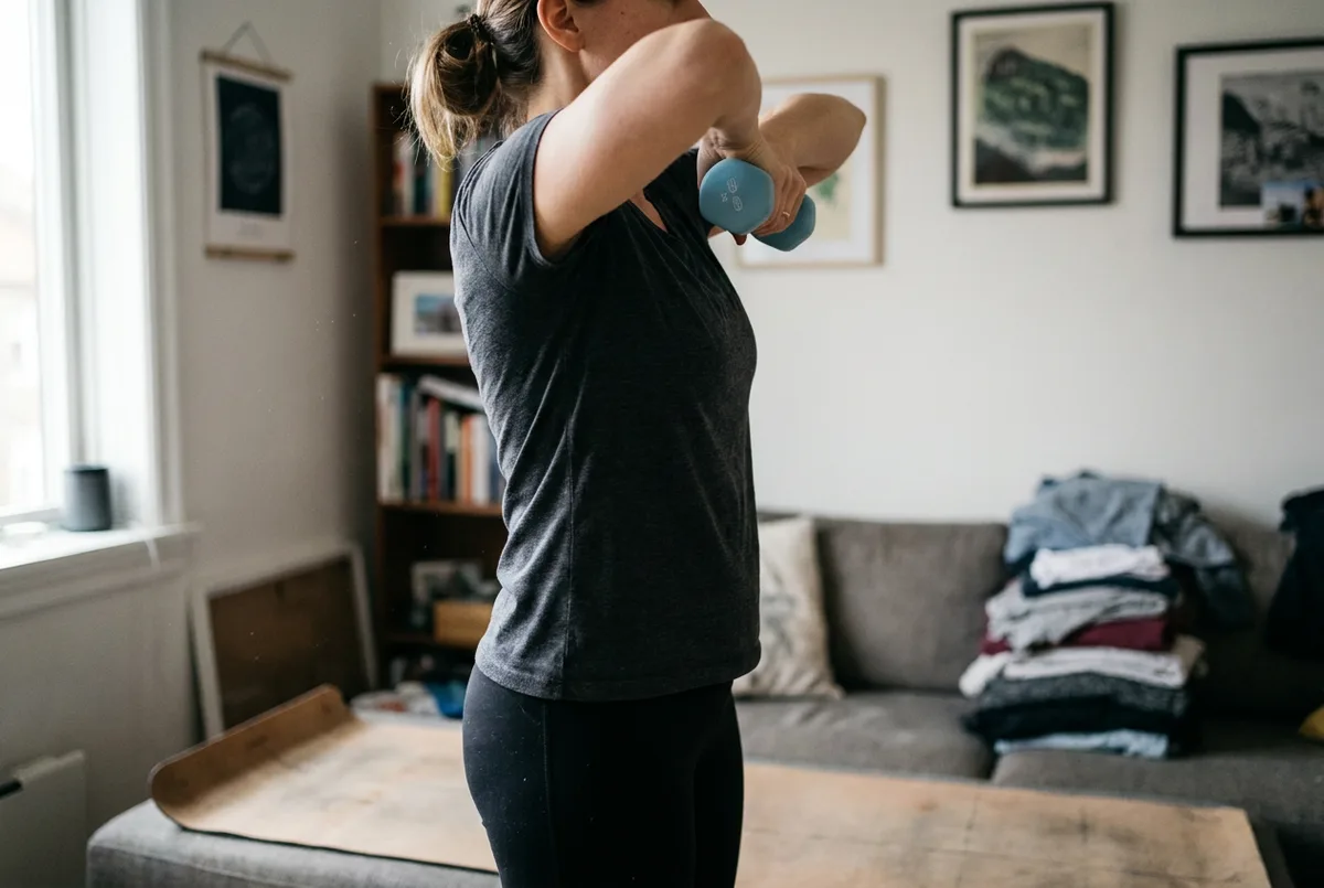 Woman doing an upright row with two dumbbells, seen from the side.