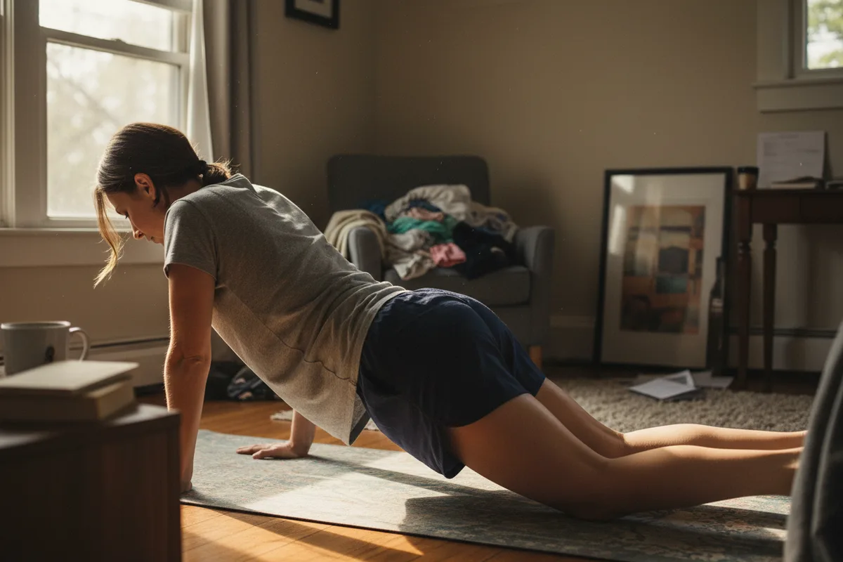 Woman doing a push-up on her knees on a yoga mat in her bedroom.