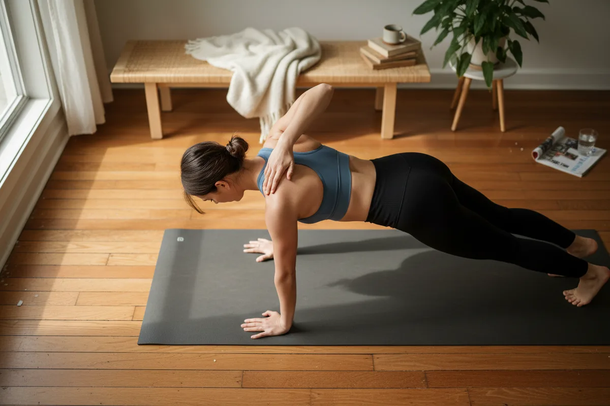 Woman in a plank position tapping her opposite shoulder on a yoga mat.