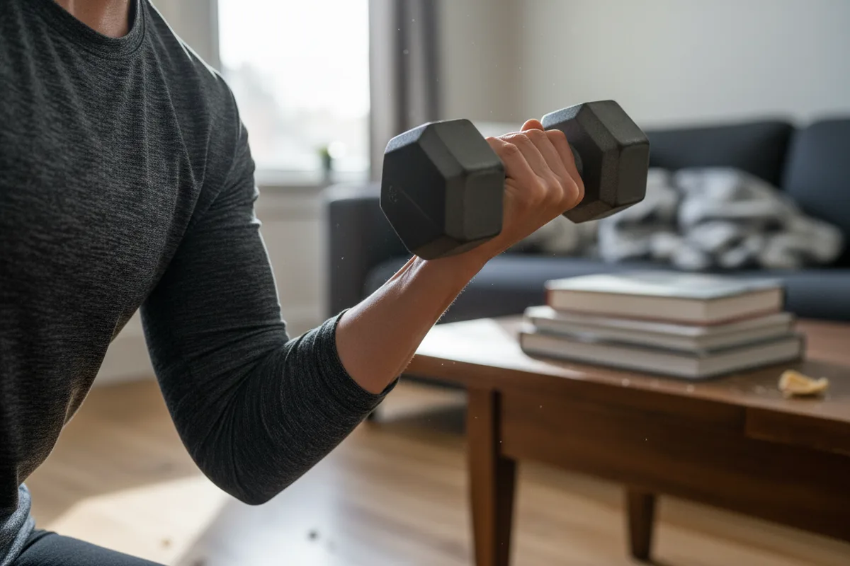 Woman doing a hammer curl with a neutral grip on her dumbbells.
