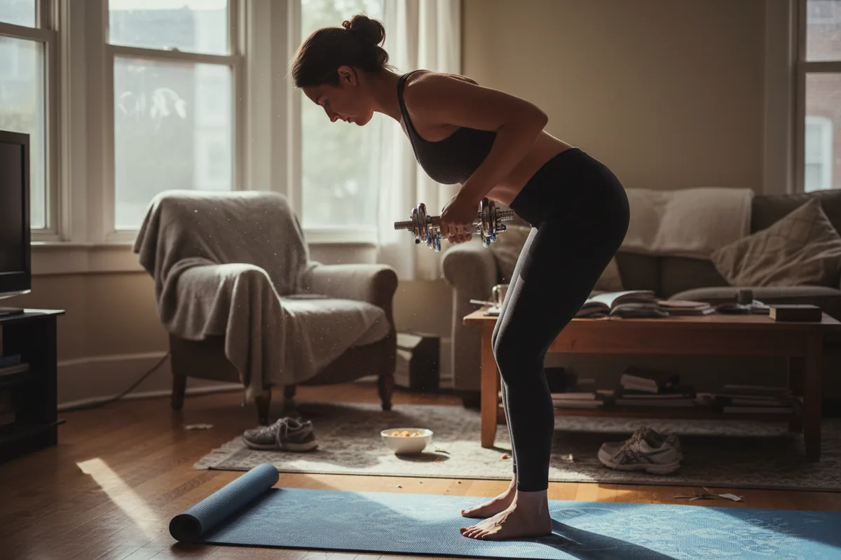 Woman in a bent-over position doing a dumbbell row on a yoga mat.