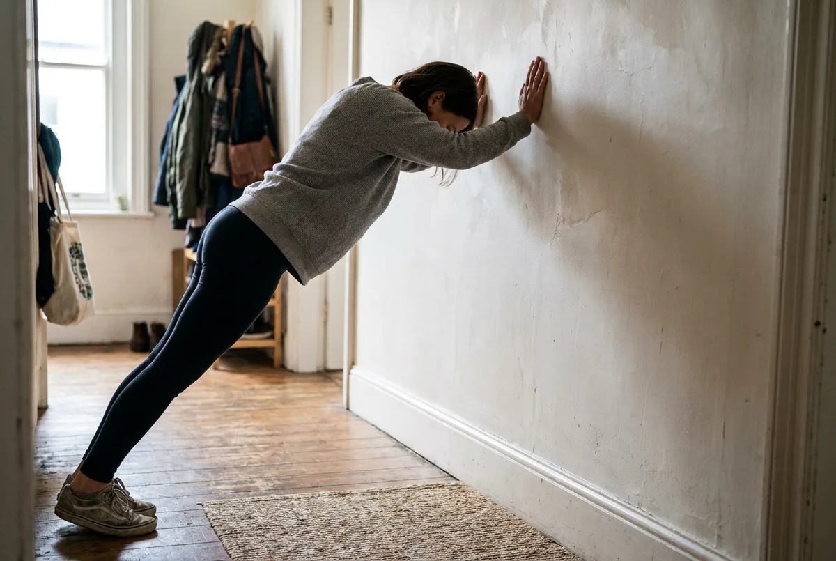 Woman doing a push-up against a plain wall in her home.