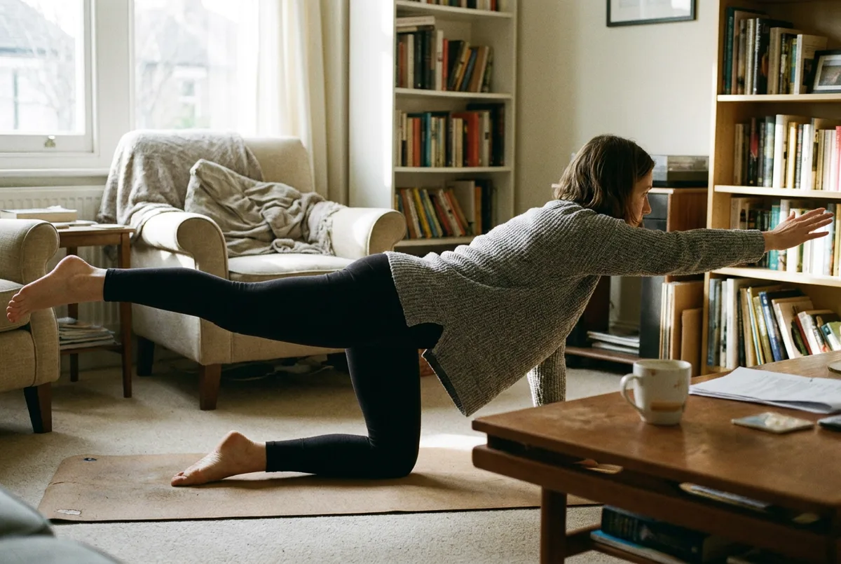 Woman on a yoga mat in a bird-dog pose, extending one arm and the opposite leg.