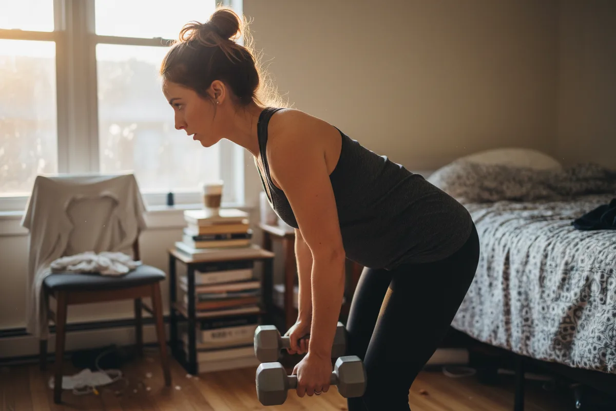Woman hinged at the hips performing a bent-over row with two dumbbells.