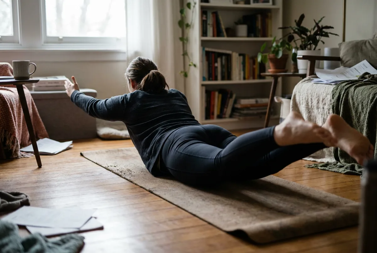 Woman lying on her stomach on a mat, lifting her arms and legs in a superman pose.