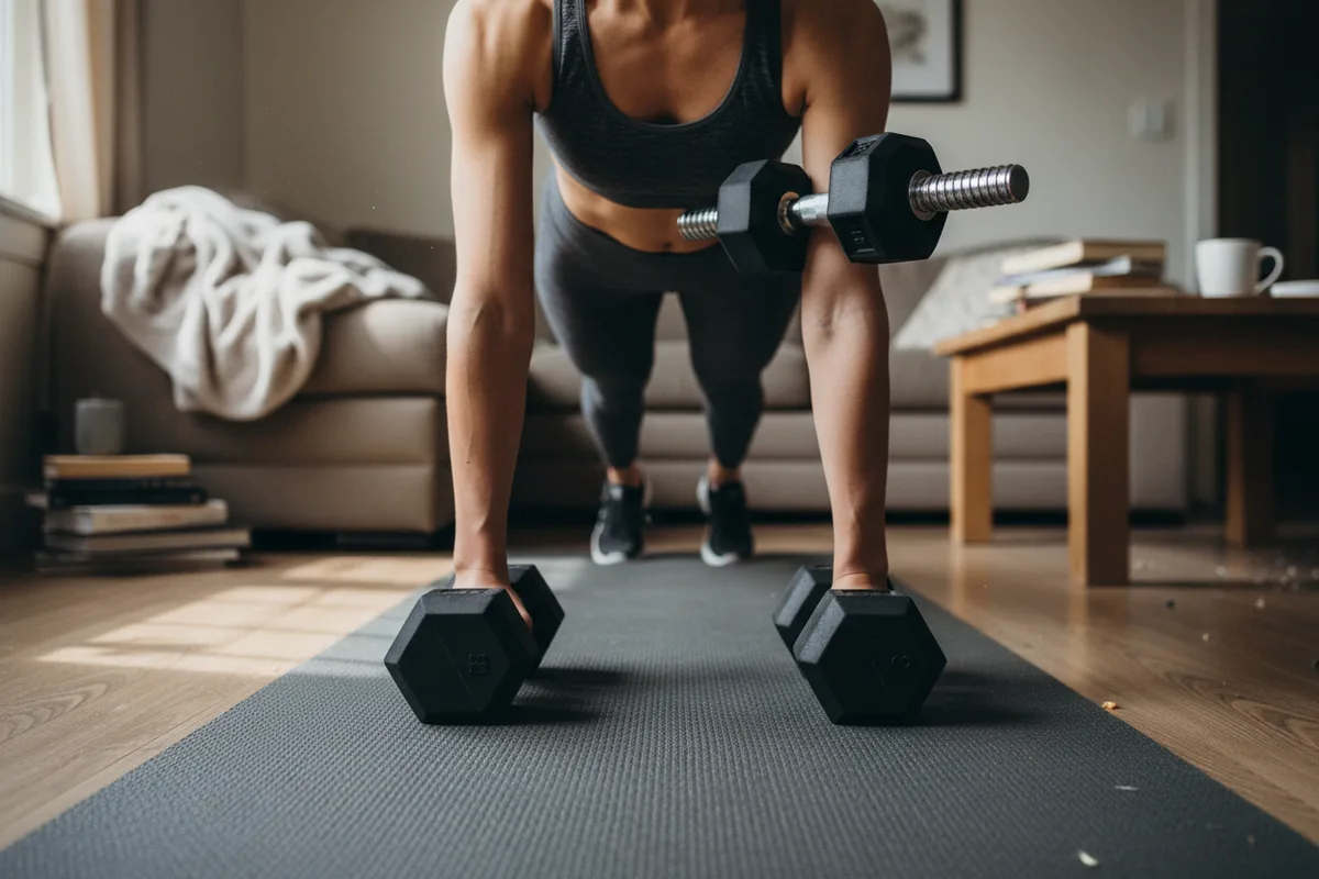 Woman in a high plank position on dumbbells, lifting one weight in a renegade row.
