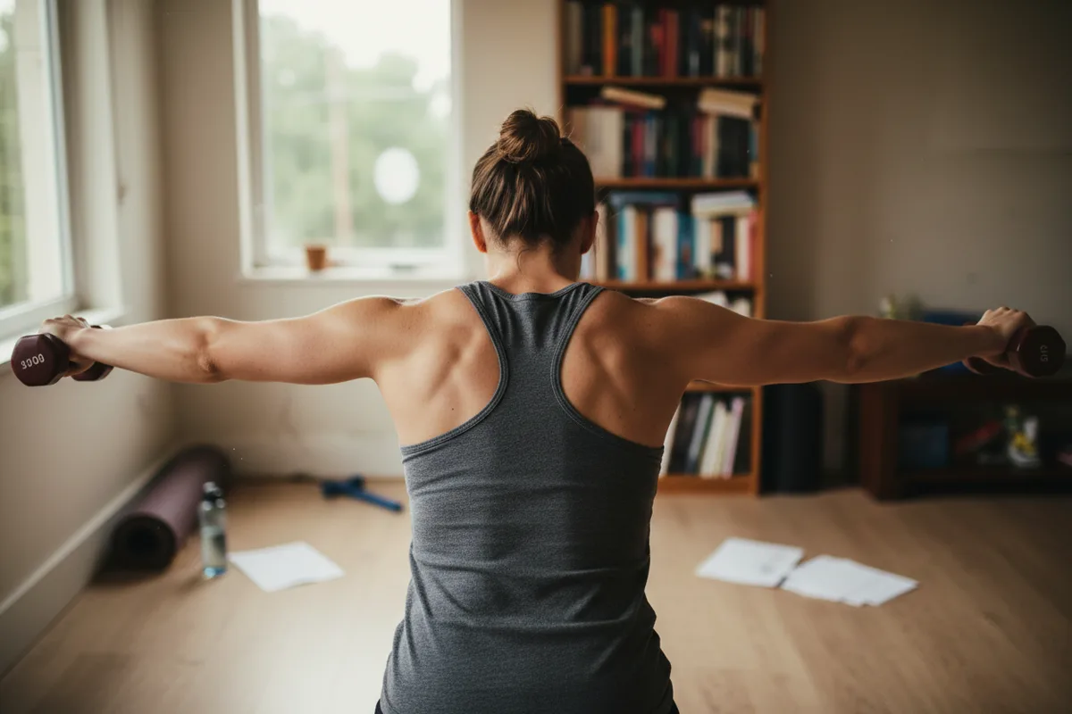 Woman hinged forward with a flat back, performing a reverse fly with dumbbells.