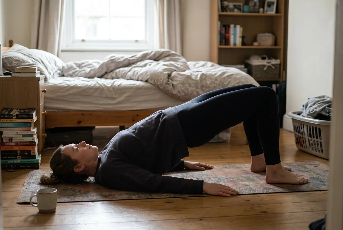 Woman on a yoga mat lifting her hips in a glute bridge exercise.