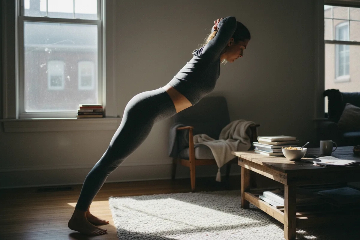 Woman with a straight back hinged at the hips performing a good morning exercise.