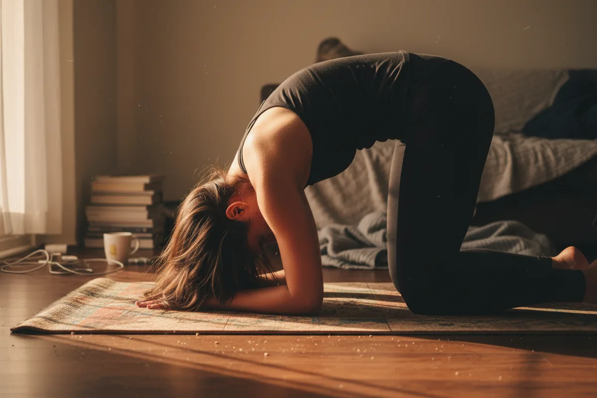 Woman on all fours on a yoga mat, rounding her back in a Cat-Cow stretch.