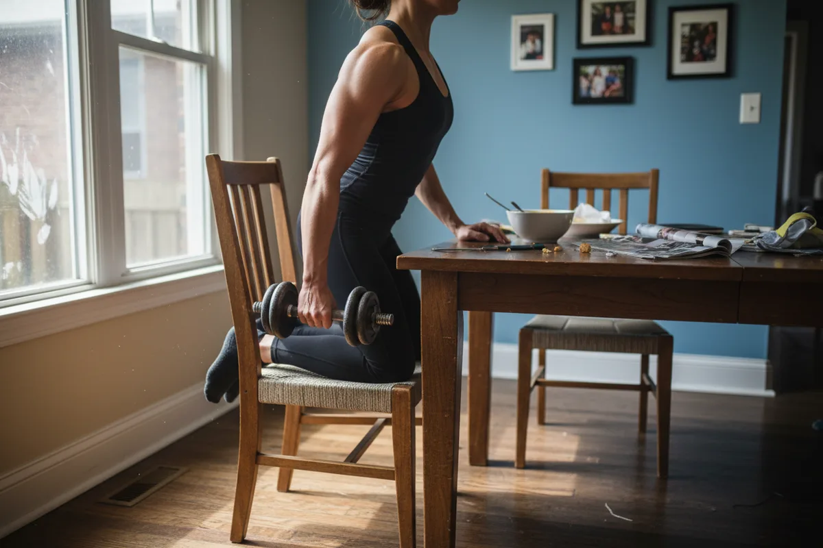 Woman using a chair for support while performing a single-arm dumbbell row.