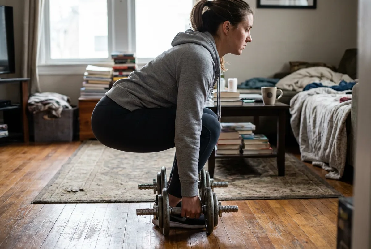 Woman with a straight back at the start of a dumbbell deadlift movement.
