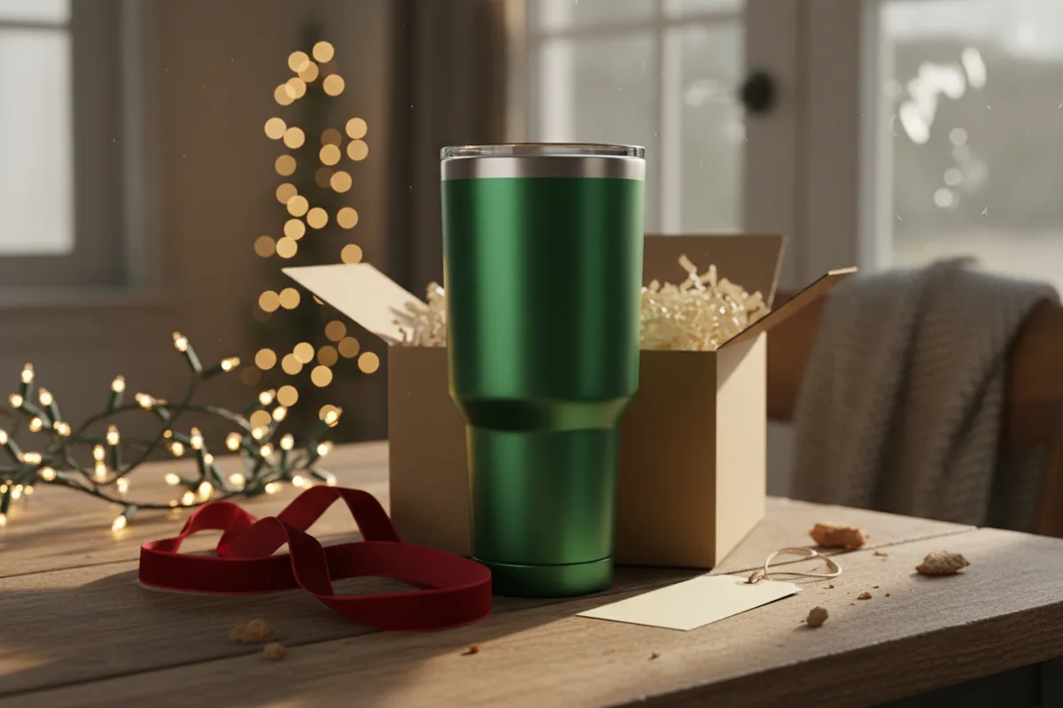 A matte blue insulated coffee tumbler sitting on a white kitchen counter next to a coffee pot.