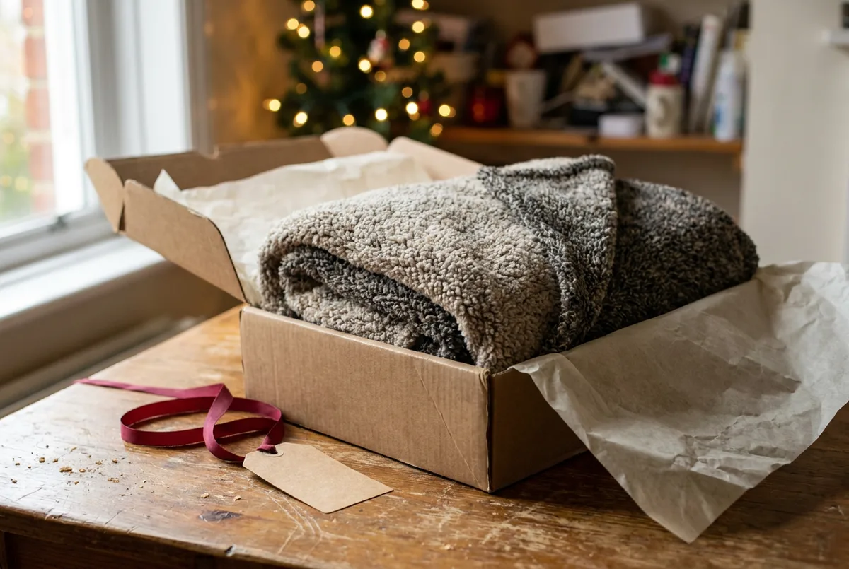 A cream-colored fleece throw blanket folded over the arm of a gray sofa with a book.