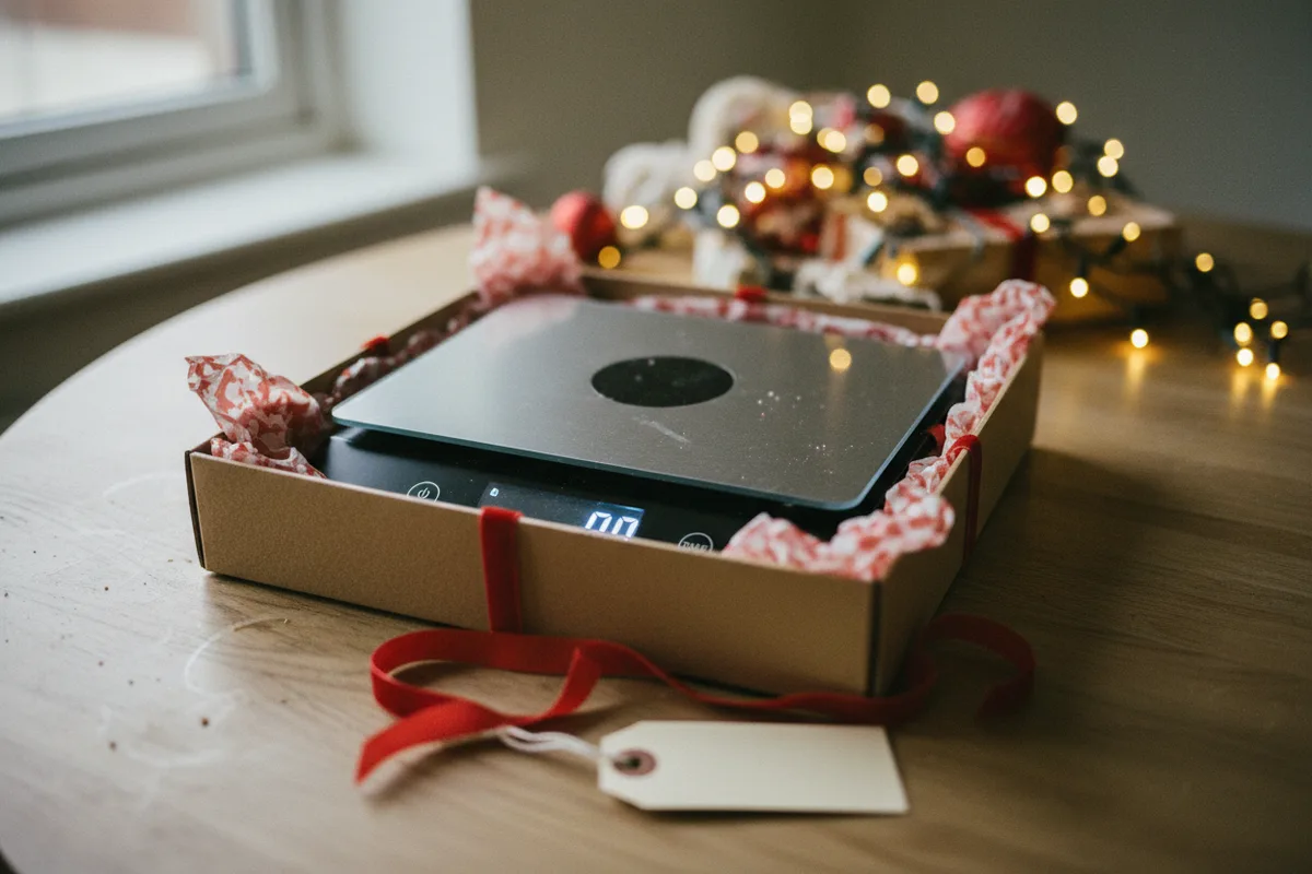 A stainless steel digital kitchen scale with a glass bowl of flour on a granite counter.