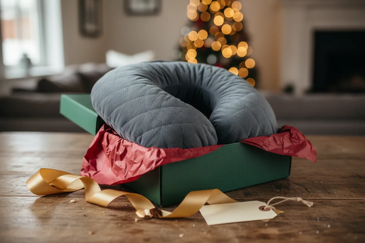 A plush gray heated neck wrap is draped over the back of an office chair.