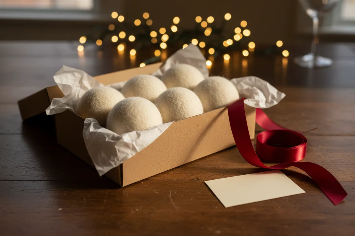 Several white wool dryer balls inside a clothes dryer with clean towels.