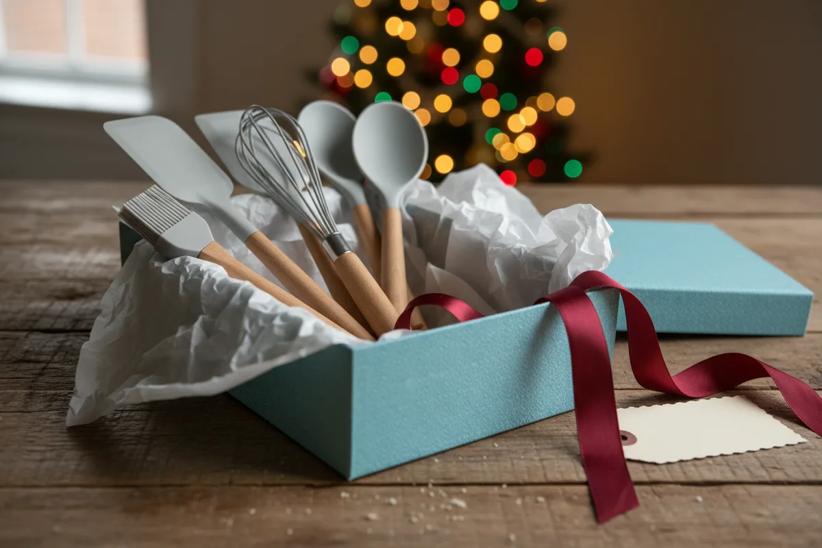 A set of gray silicone cooking utensils with wooden handles in a matching countertop crock.