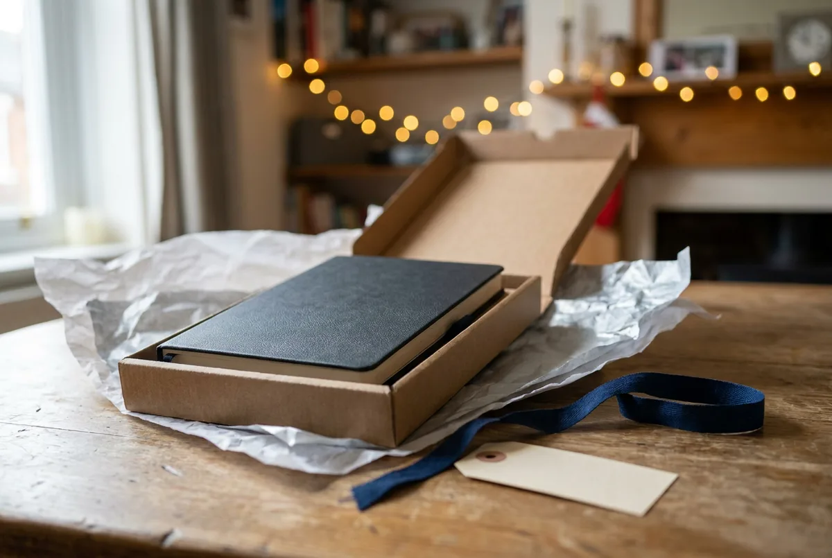 A person wiping a page clean in a black smart reusable notebook on a desk.