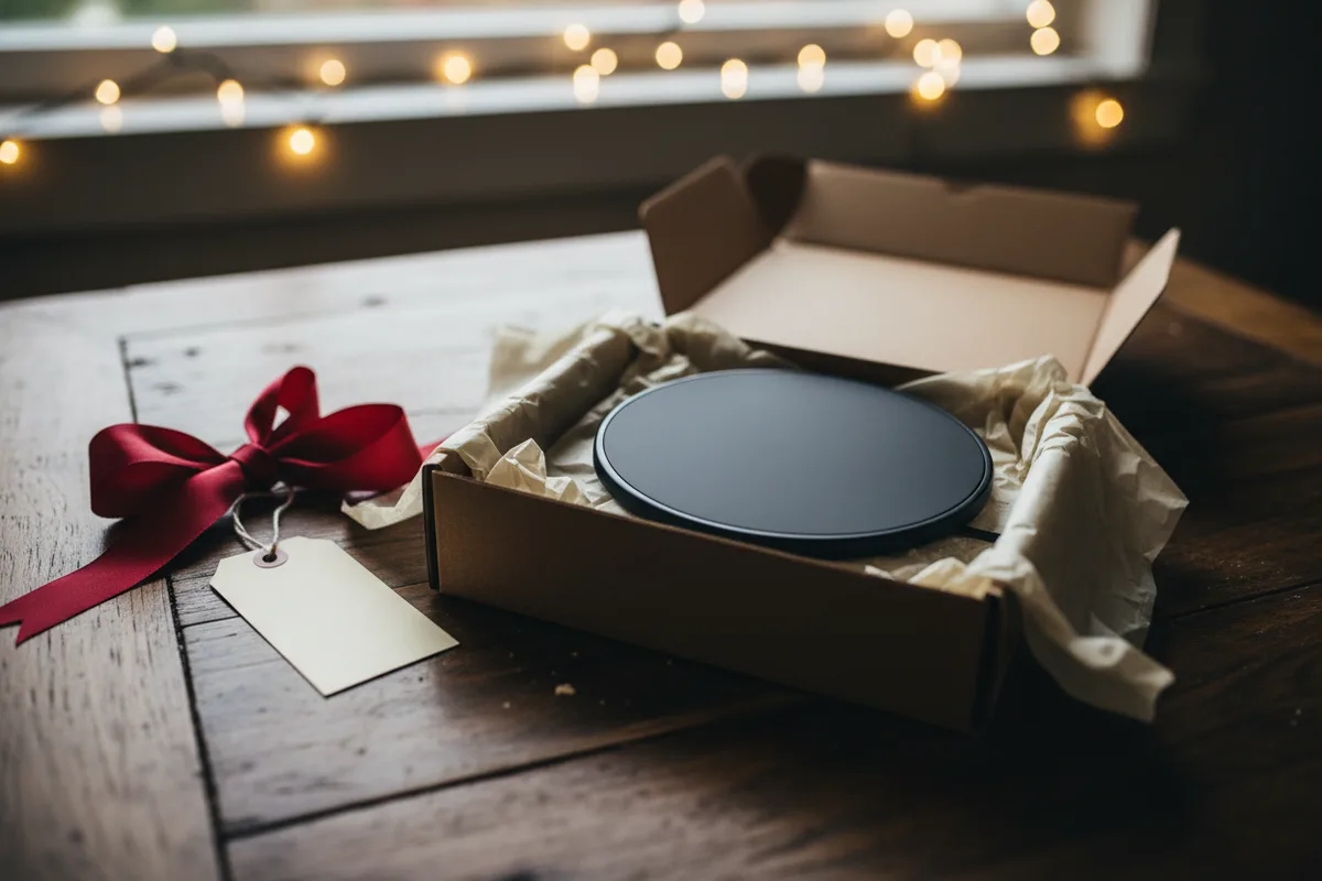 A black wireless charging pad with a smartphone on it, sitting on a white desk.