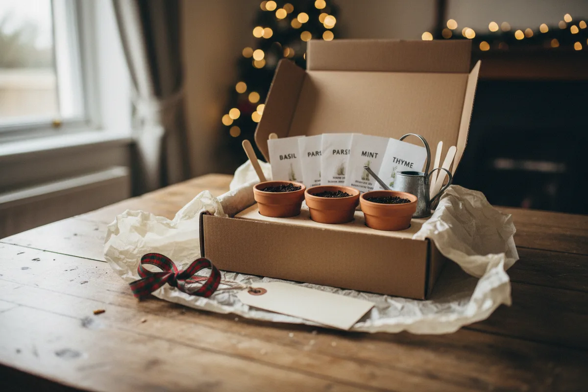 Three small pots with herb seedlings on a sunny kitchen windowsill.
