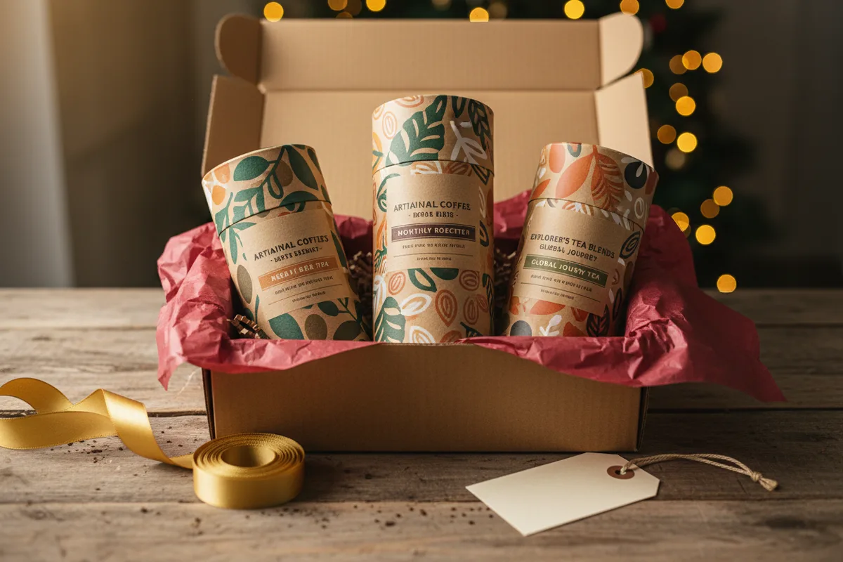 An open cardboard box revealing bags of coffee beans and descriptive cards inside.