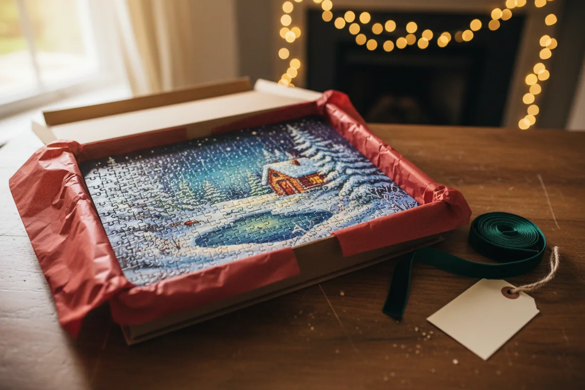 A partially completed jigsaw puzzle of a colorful landscape on a light wood table.