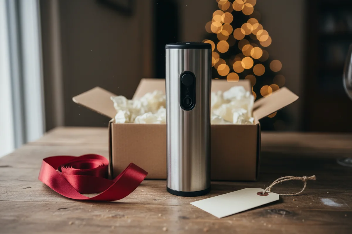 A sleek electric wine opener removing the cork from a wine bottle on a counter.