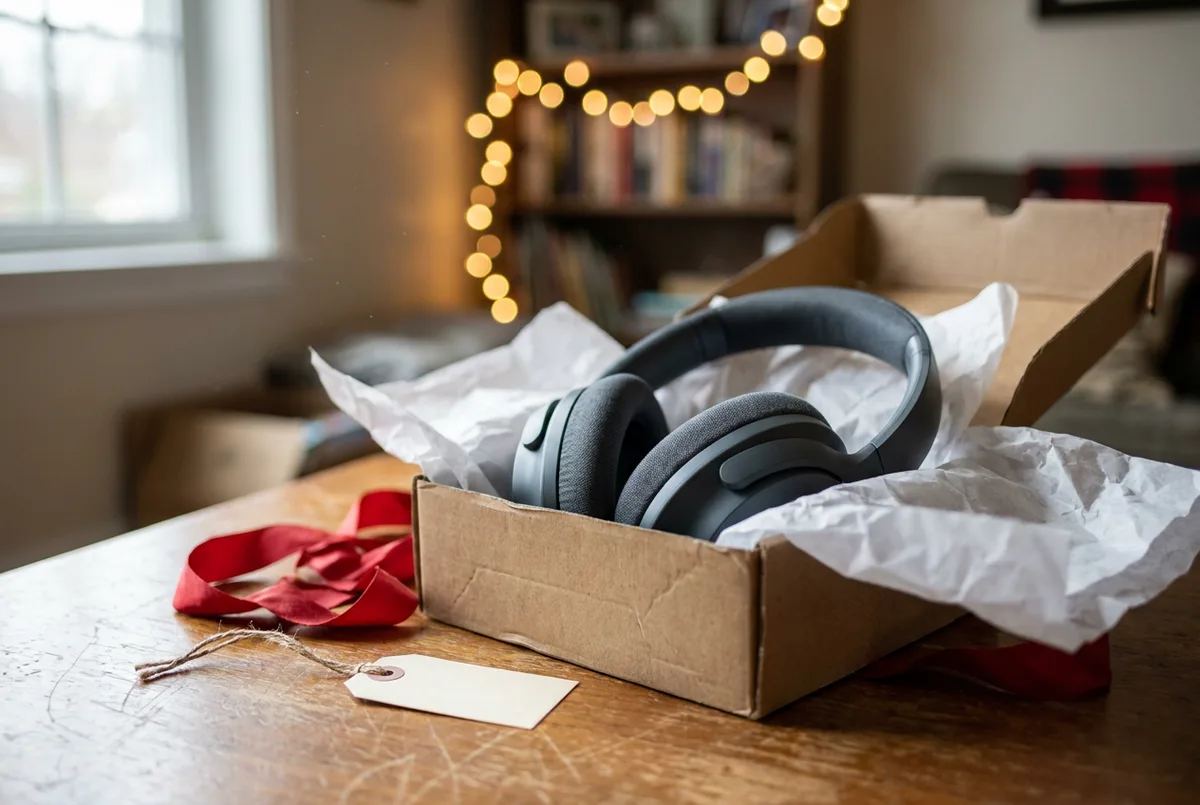 A pair of matte black over-ear headphones resting on a wooden desk next to a laptop.