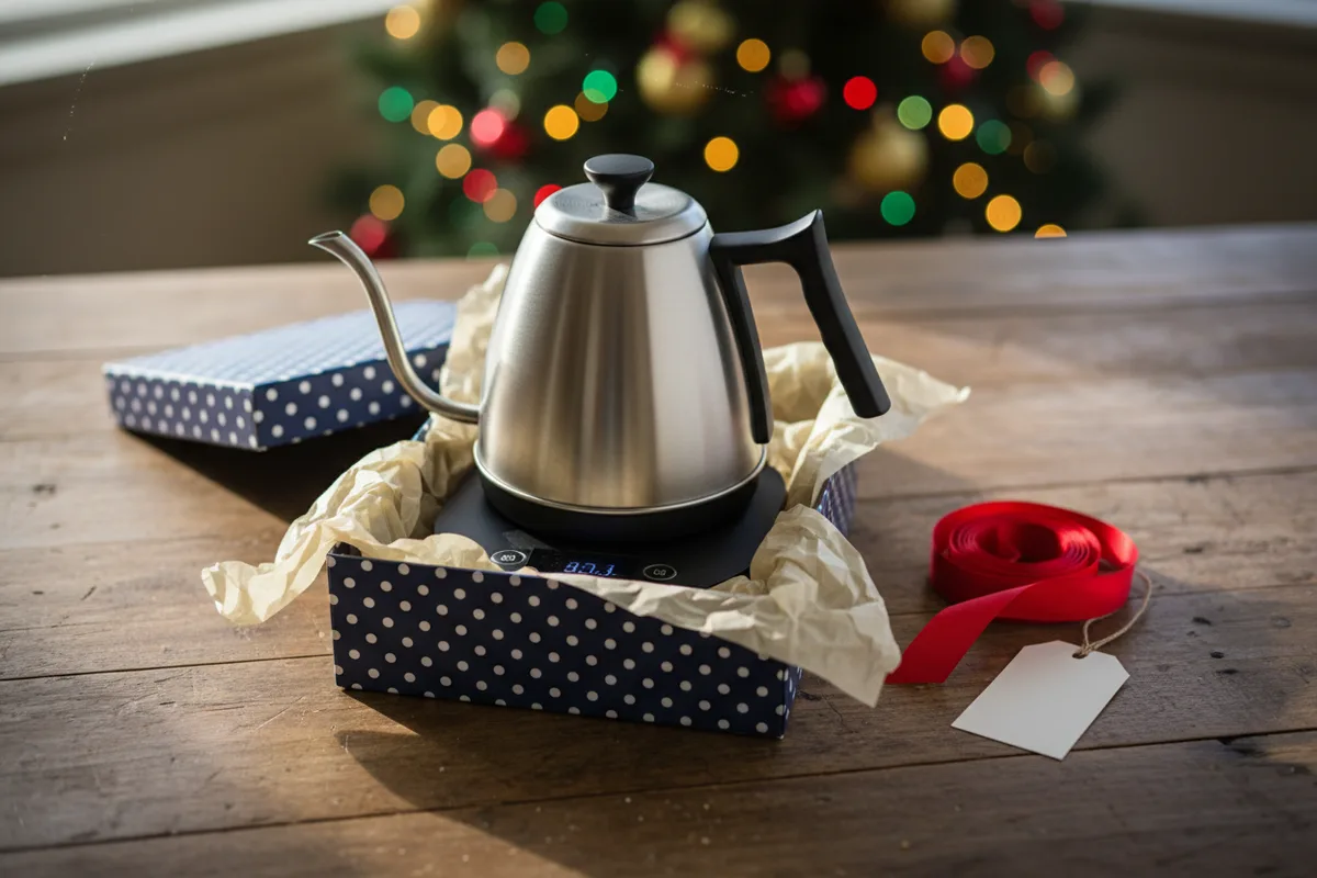 A stainless steel gooseneck electric kettle on a kitchen counter next to coffee grounds.