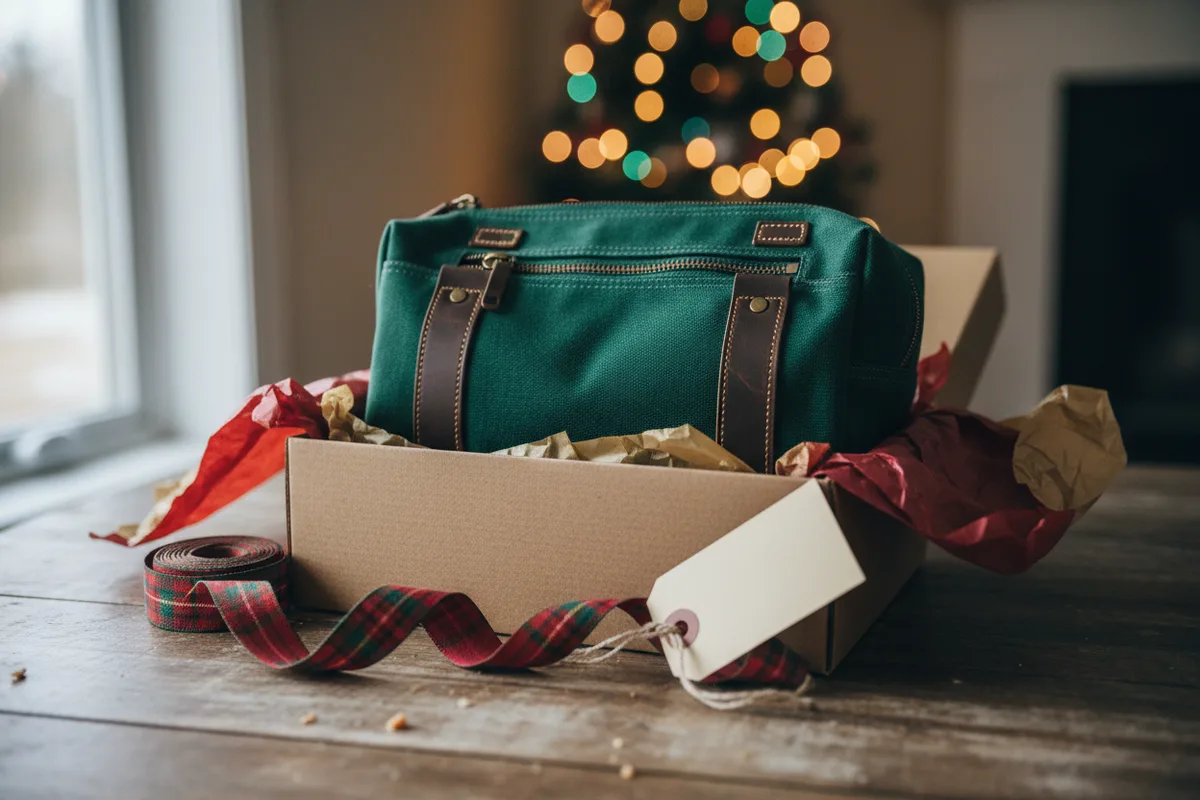 A waxed canvas dopp kit with leather details sitting on a bathroom counter.