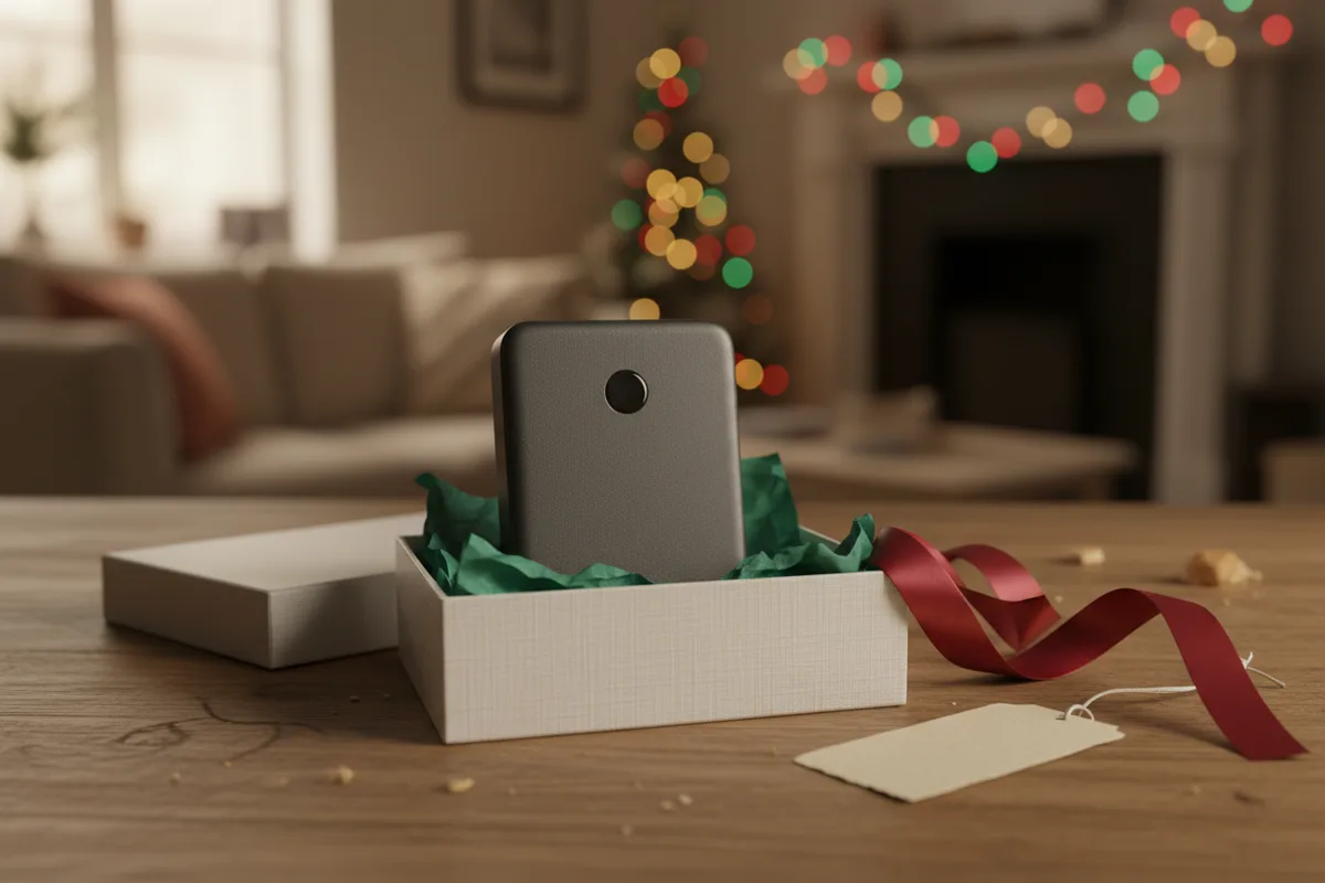 A slim, dark gray portable power bank charging a smartphone on a wooden table.