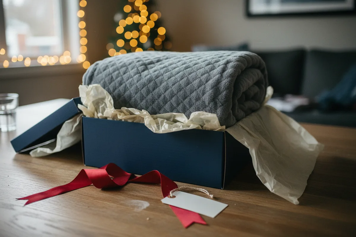 A dark gray weighted blanket neatly folded on the corner of a made bed.