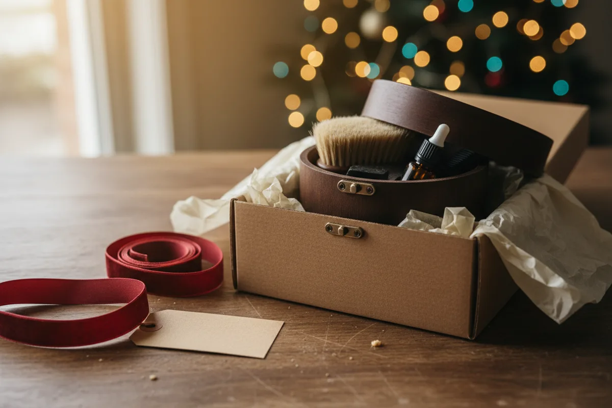 A beard grooming kit with oil, balm, a comb, and scissors arranged in a small box.