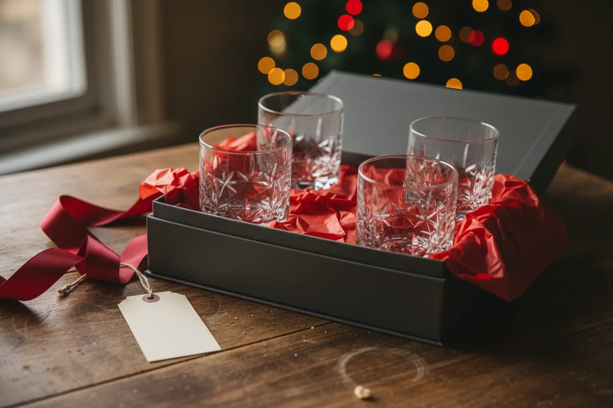 Two heavy-bottomed whiskey glasses with large ice cubes on a dark wooden bar cart.