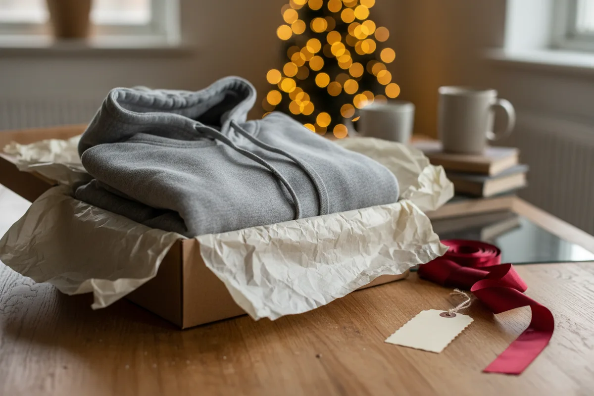 A thick, dark gray pullover hoodie neatly folded on a bed with white sheets.