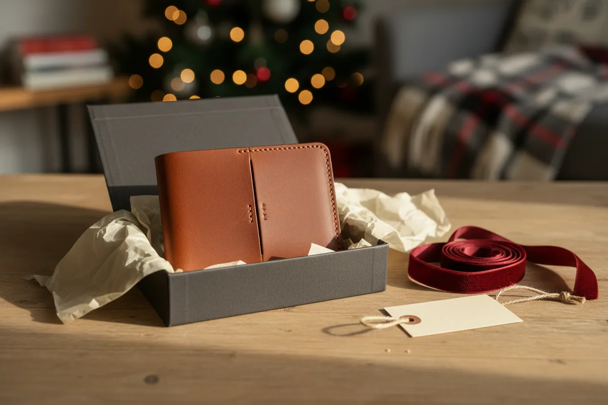 A slim brown leather wallet with a few cards sticking out, on a wooden surface.