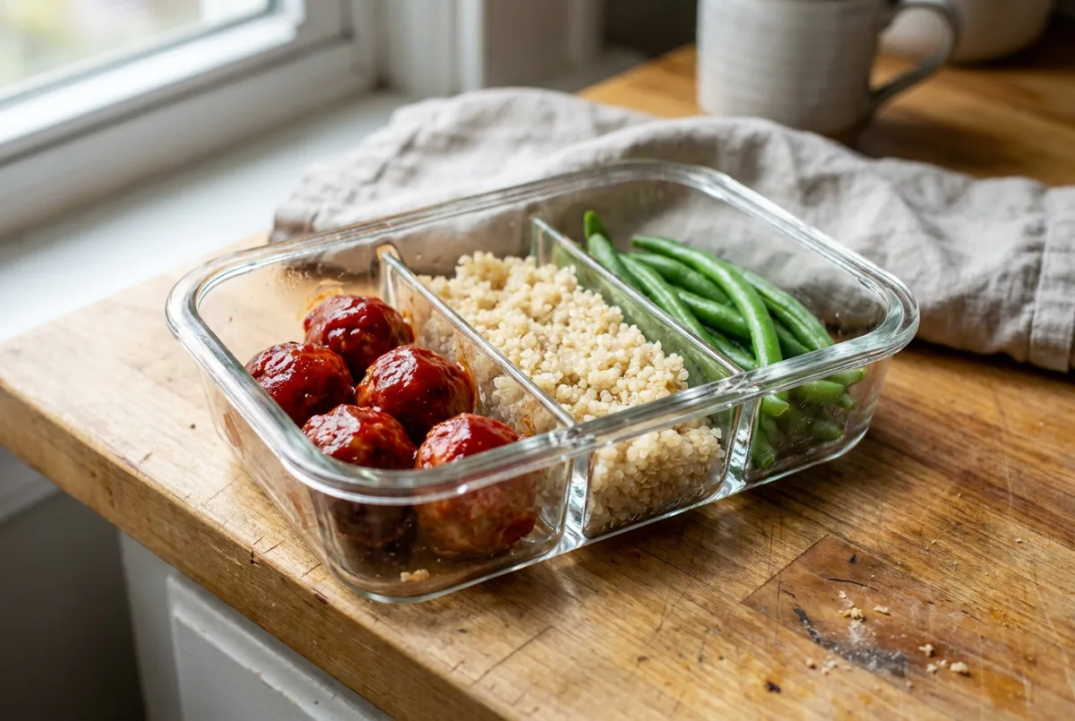 A meal prep container with turkey meatballs in cranberry sauce, quinoa, and green beans.