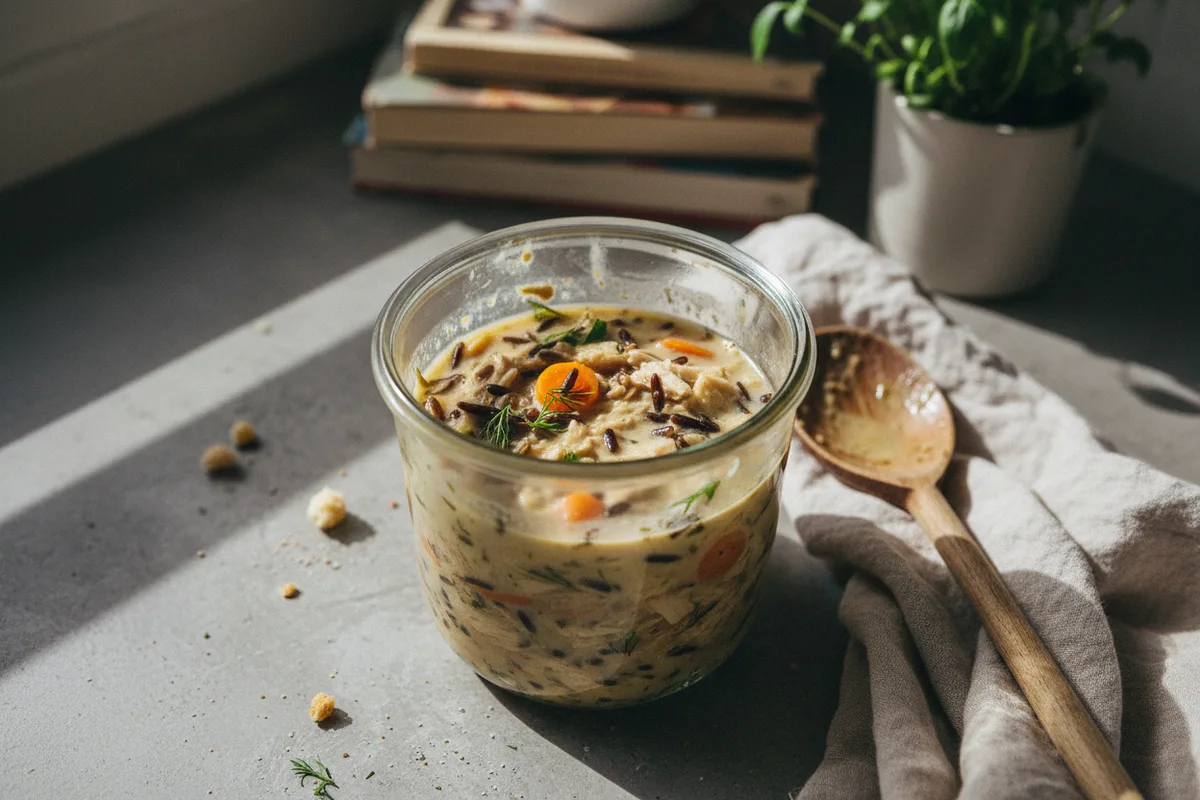 A glass jar filled with creamy chicken and wild rice soup on a countertop.
