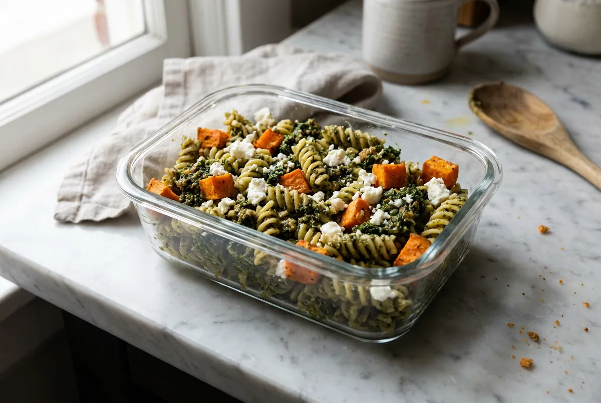 A container of pasta salad with green pesto, orange sweet potato, and white feta.