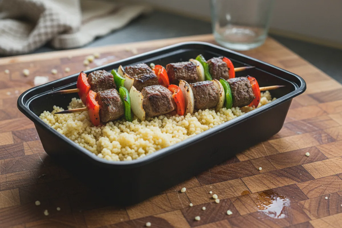 Two beef and vegetable skewers resting on a bed of couscous in a container.
