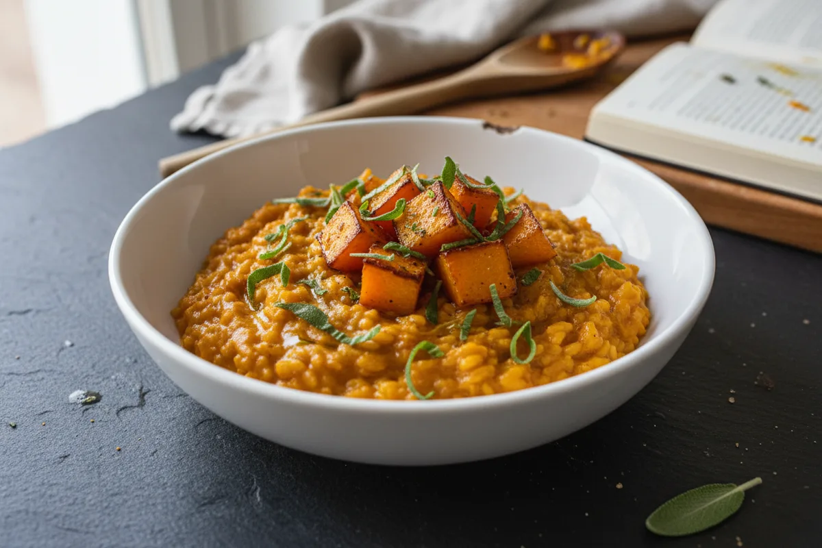 A white bowl filled with creamy orange butternut squash risotto.