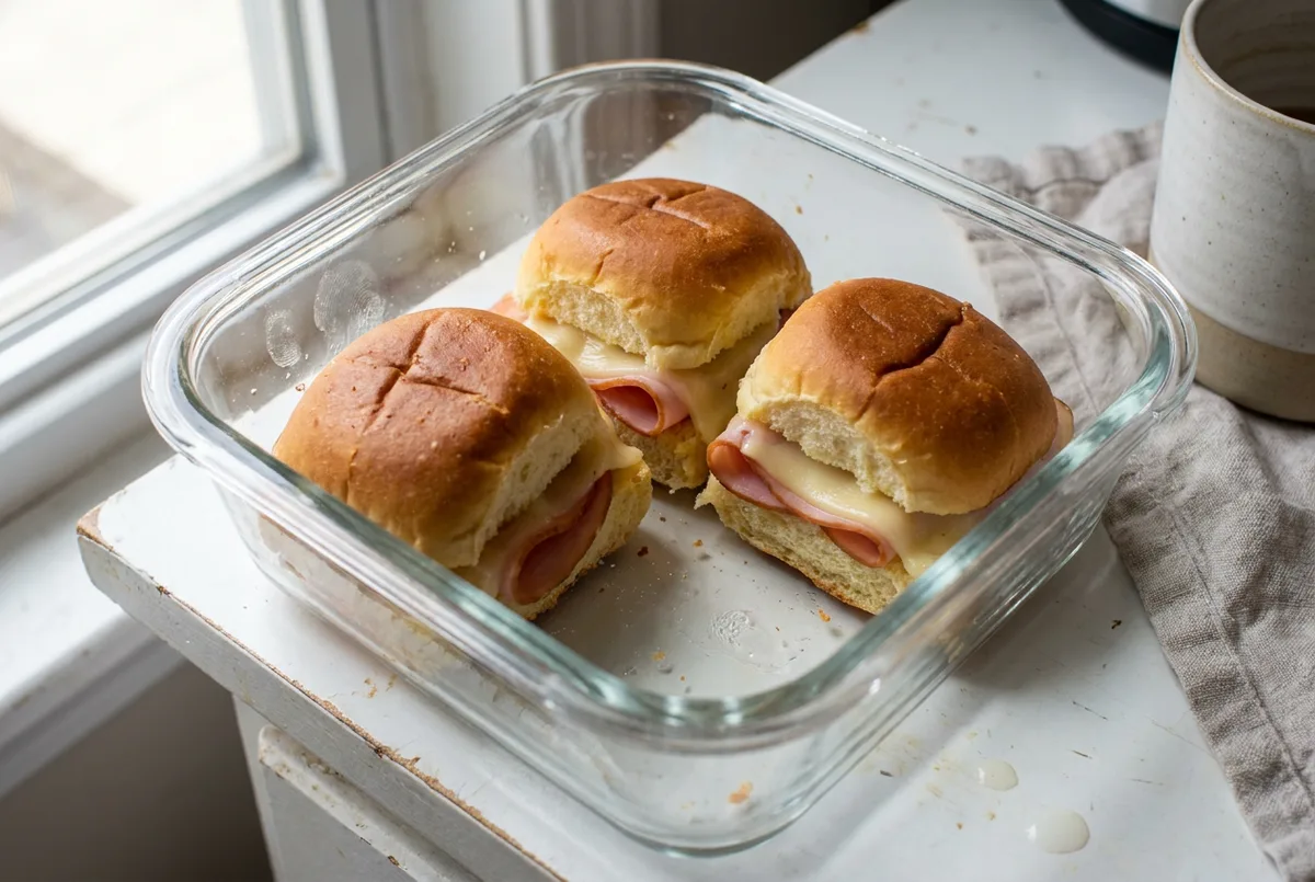 Three ham and cheese sliders on sweet rolls inside a glass meal prep container.
