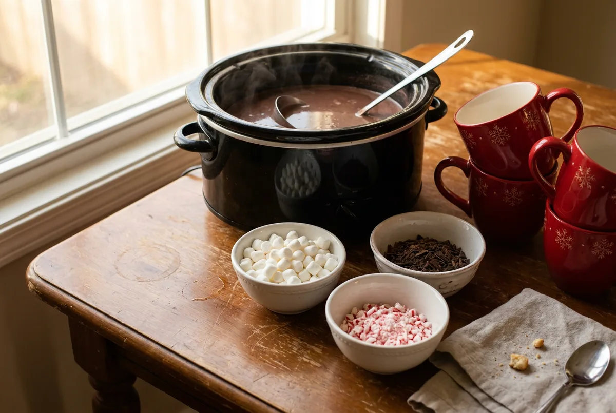 A self-serve hot cocoa bar with a dispenser and bowls of toppings.